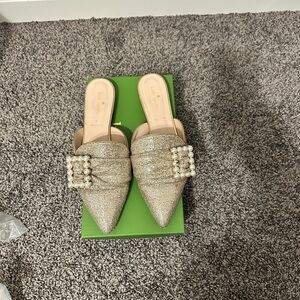 Elegant Pearl-Embellished Gold Mules